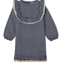 Alice LS Flounce Seersucker Klänning Navy Check>Buddy & Hope New