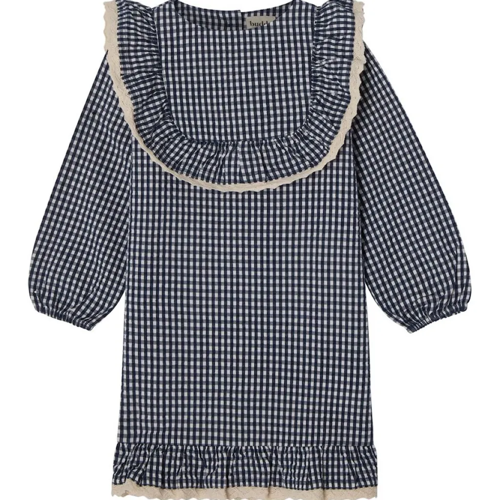 Alice LS Flounce Seersucker Klänning Navy Check>Buddy & Hope New