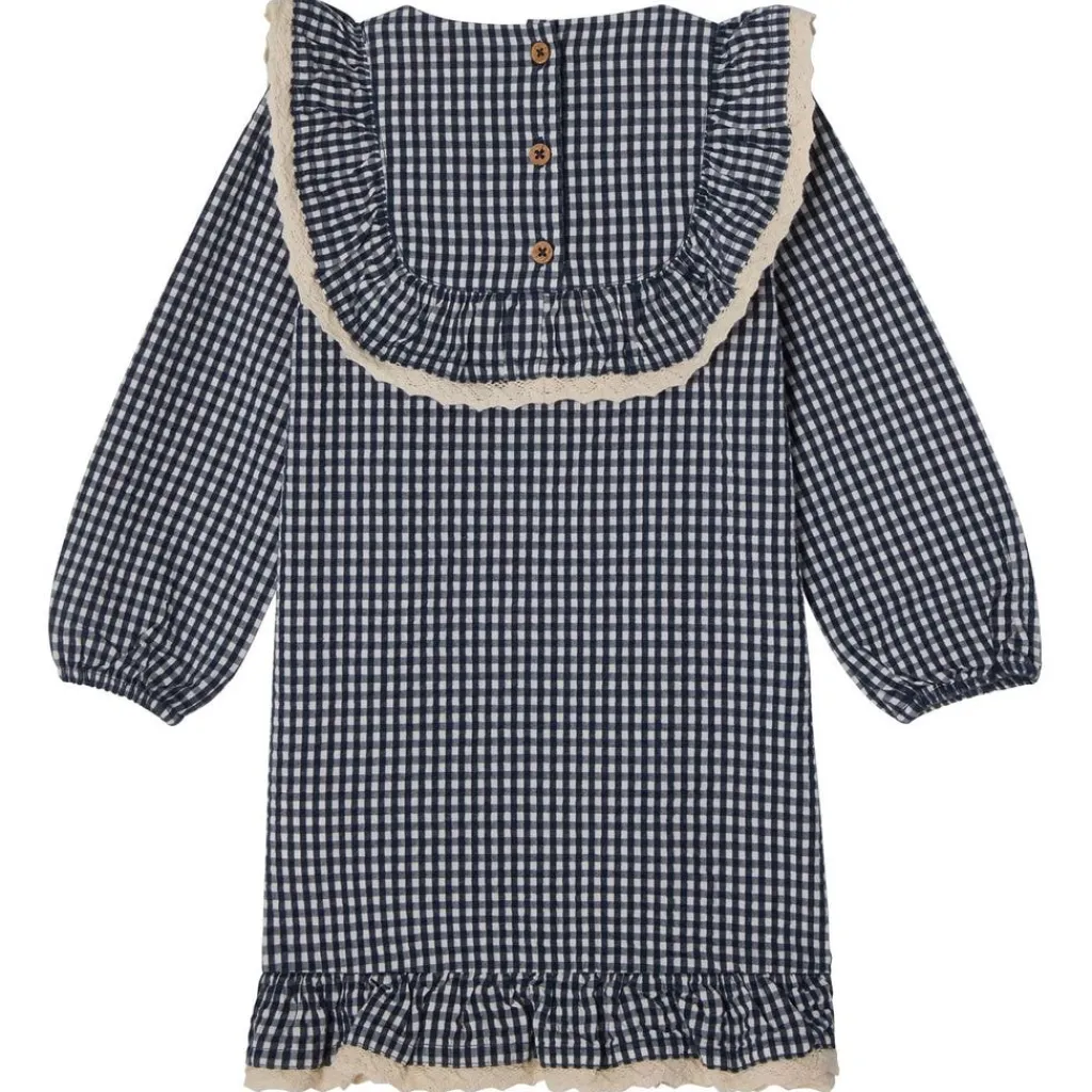 Alice LS Flounce Seersucker Klänning Navy Check>Buddy & Hope New