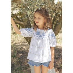 Broderad Rutig Blus Vit><noscript><img width=