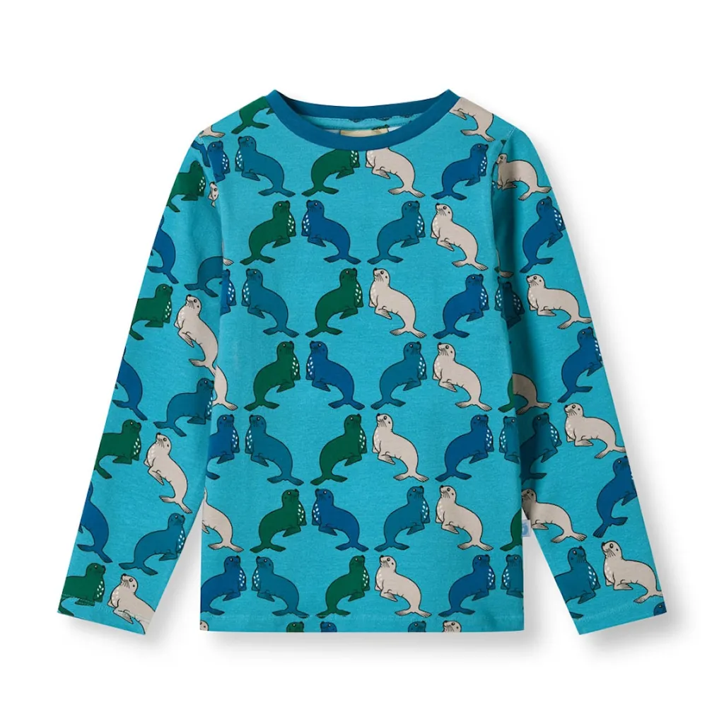 Gala Långärmad Topp Med Sjölejon Blå Aqua Teal>Småfolk New