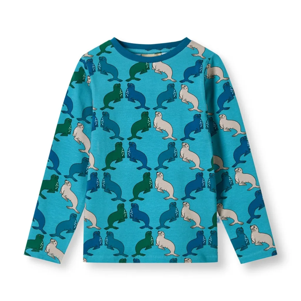 Gala Långärmad Topp Med Sjölejon Blå Aqua Teal>Småfolk New