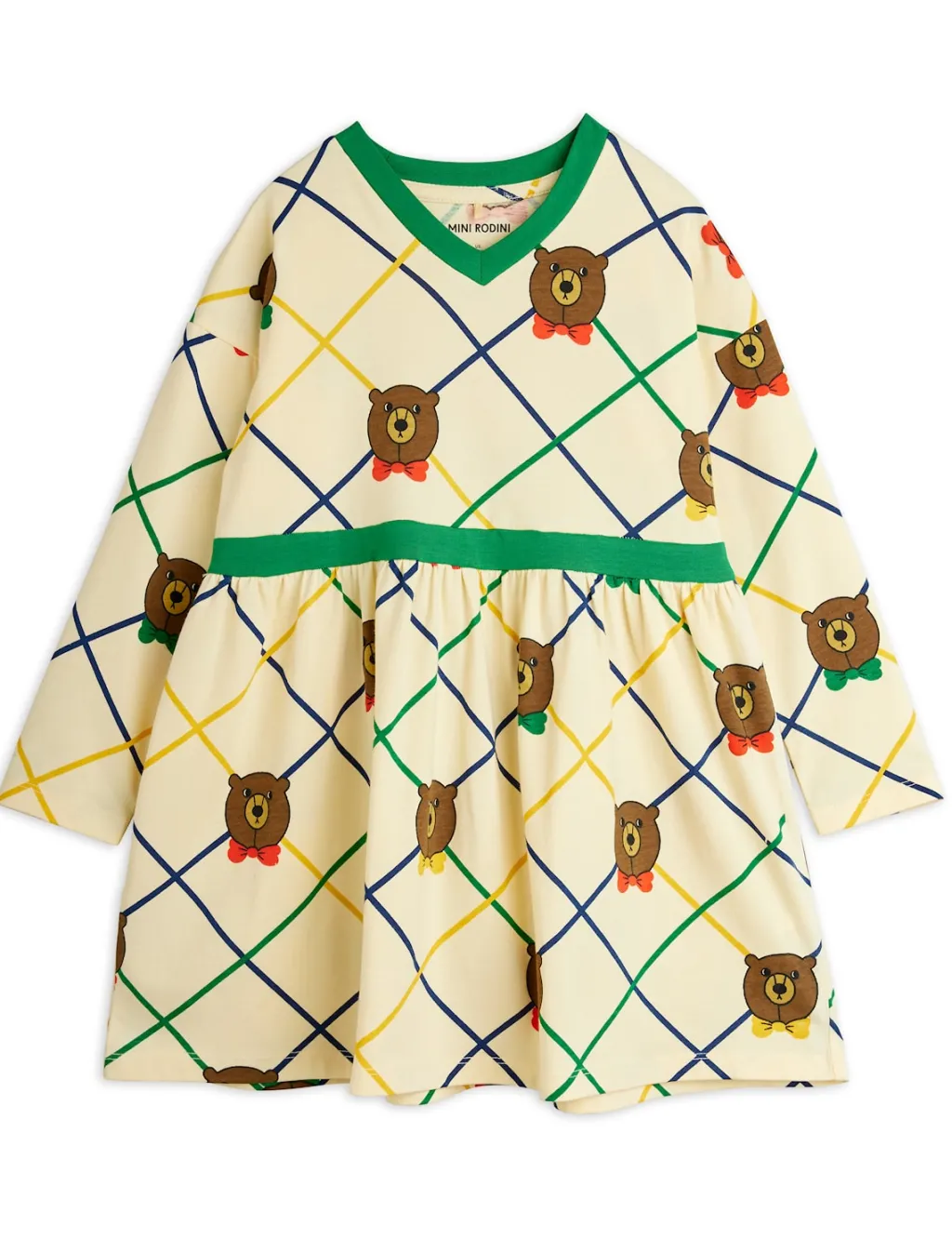 GOTS Bear Rutig Långärmad Klänning Offwhite>Mini Rodini New