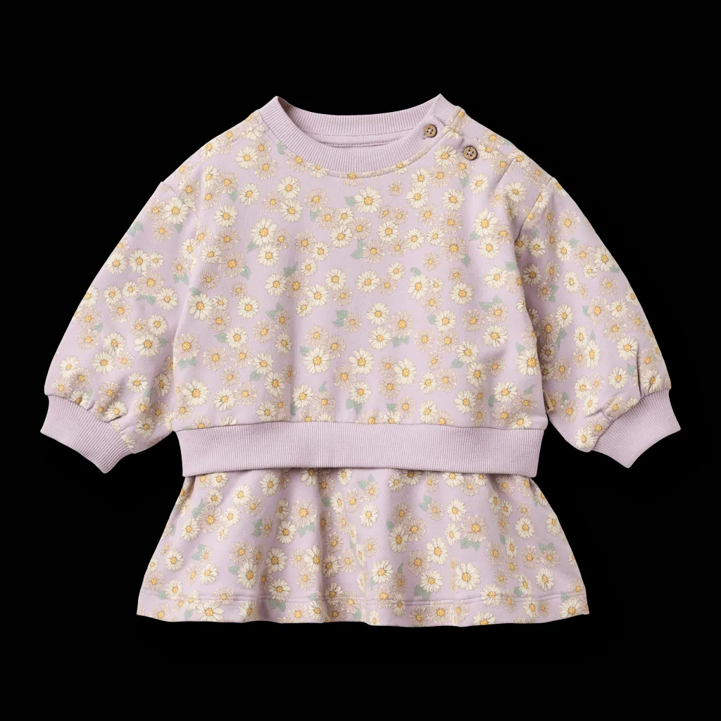 GOTS Maggie Sweatklänning Lavender Daisies>Wheat Clearance