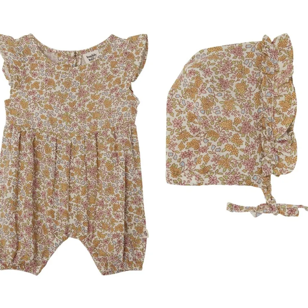 GOTS Sigrid Blommig Romper Med Solhatt Wildflowers>Buddy & Hope Online