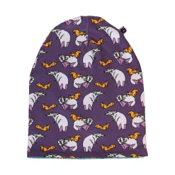 Reversible beanie with badger, fox and Fall leaves Loganberry>Småfolk Online