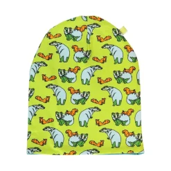 Reversible beanie with badger, fox and Fall leaves Pear Green>Småfolk Best