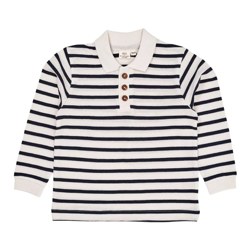 Striped Pique Polo W LS Navy/Cream Stripe>Copenhagen Colors New
