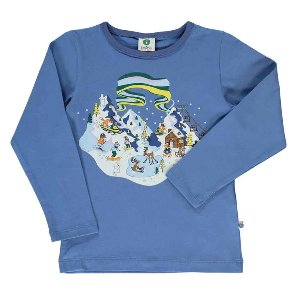 T-shirt i Federal Blue med vinterlandskapsdesign>Småfolk Clearance