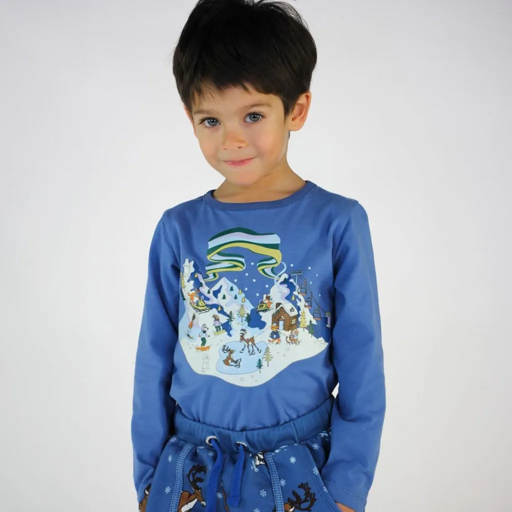T-shirt i Federal Blue med vinterlandskapsdesign>Småfolk Clearance