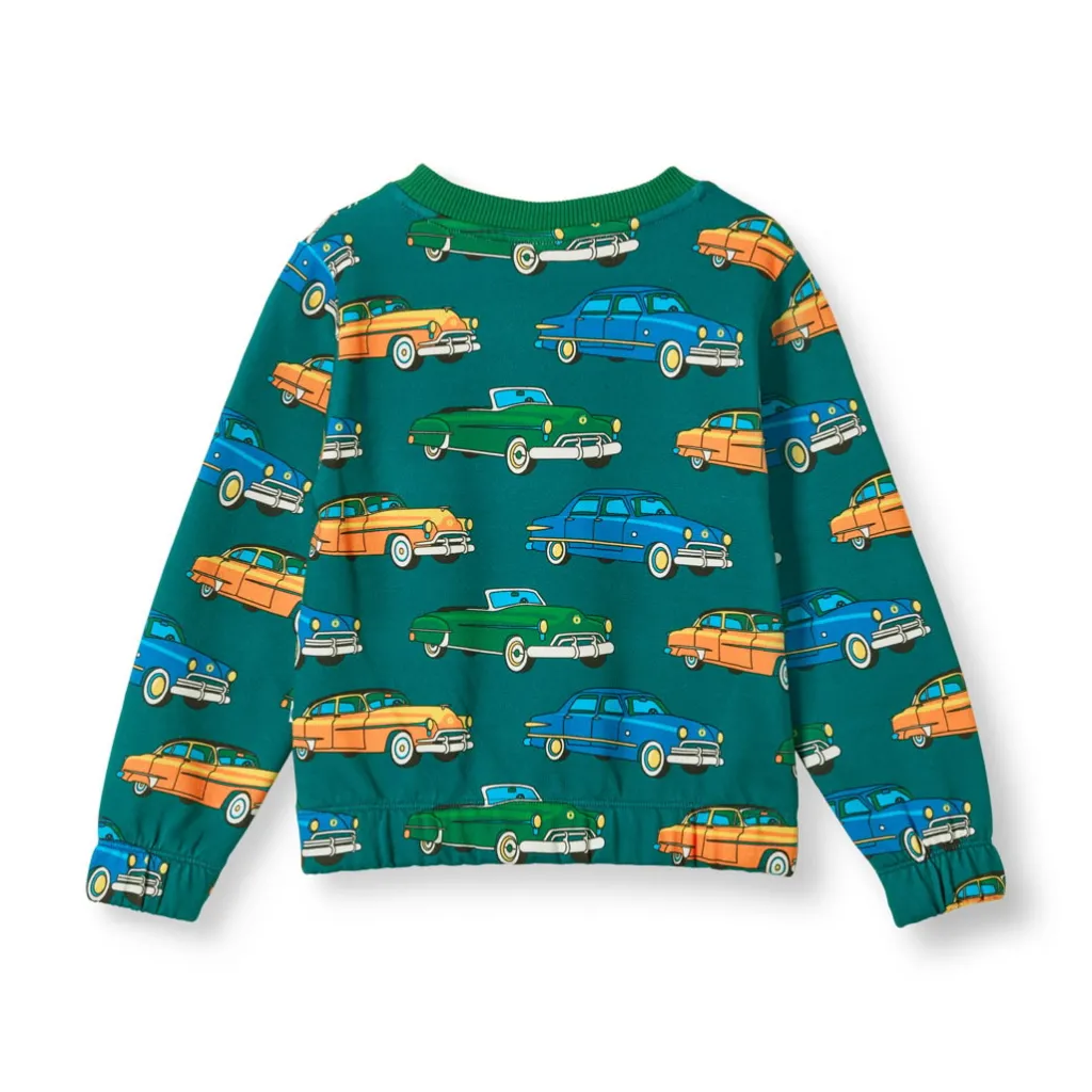 Yapeen Sweatshirt Med Bilar Beige Petroleum Green>Småfolk Clearance